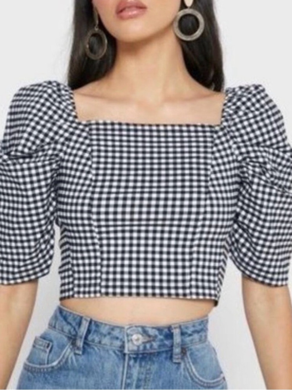 TopShop Women’s Black & White Gingham Crop Top with Puff Sleeves - never worn